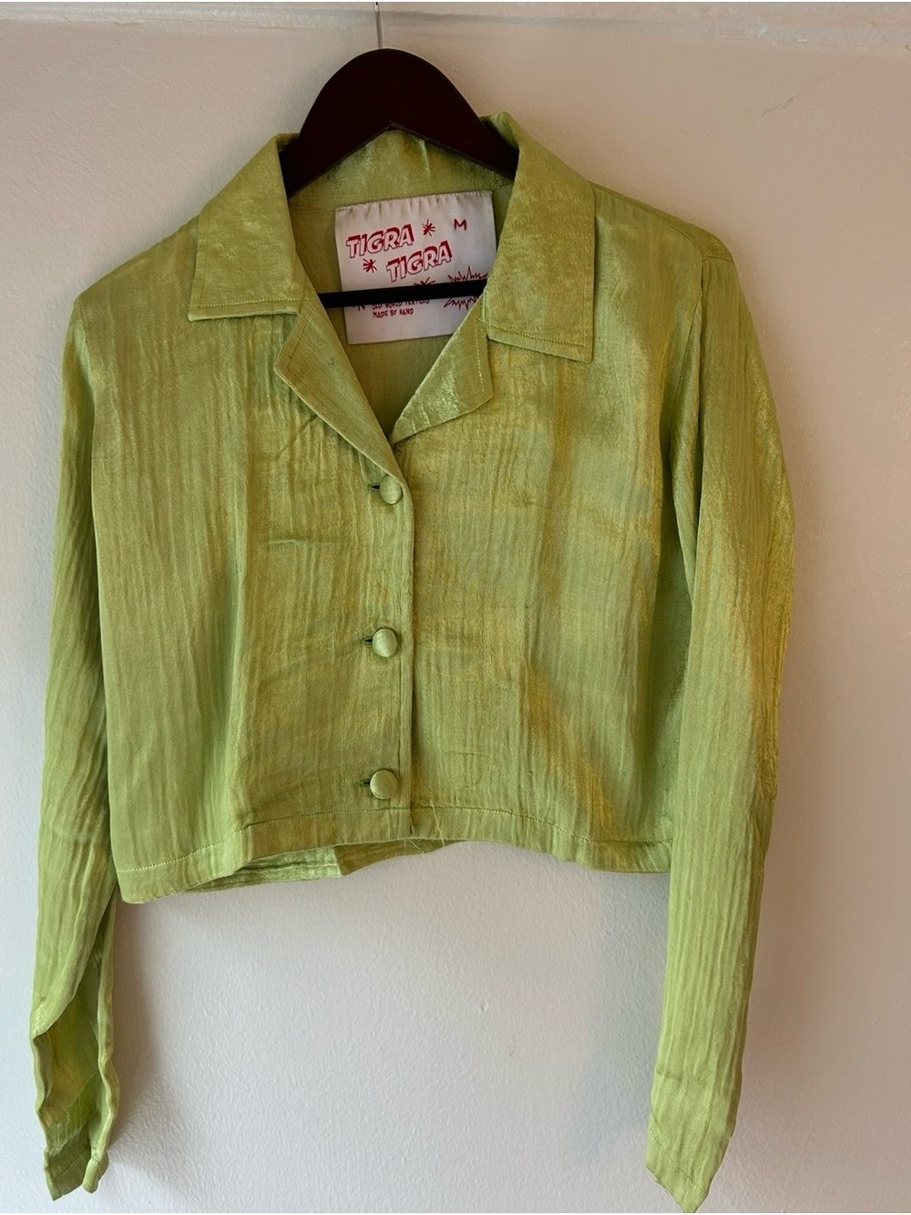 Beautiful Silk Shimmering Light Green Cropped Button-Front Tigra Tigra Jacket